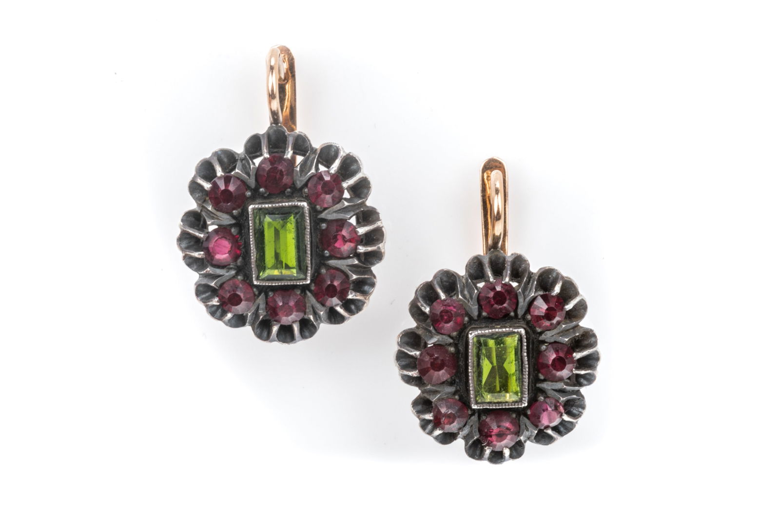 RUSSIAN 14K GOLD SILVER TOURMALINE EARRINGS, 13.3g (1 of 2)