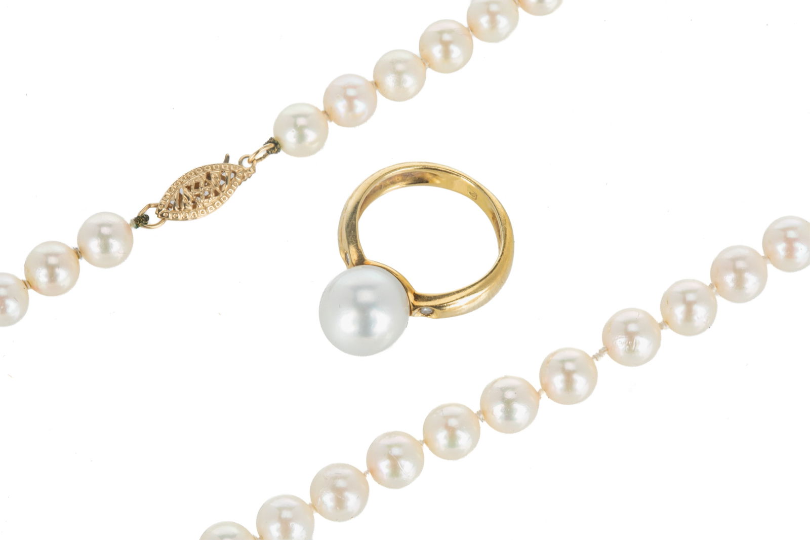 18K GOLD CULTURED PEARL RING AND NECKLACE, 28g (1 of 4)