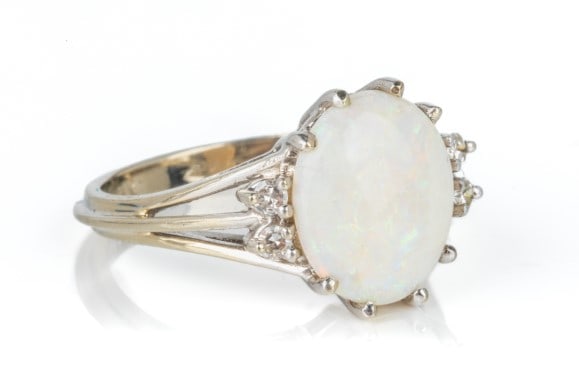 14K WHITE GOLD, OPAL AND DIAMOND RING, 4.3g (1 of 3)