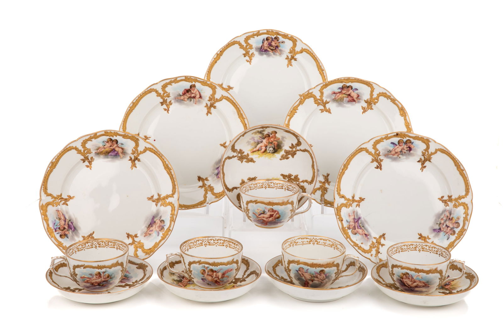FIVE HAND-PAINTED KPM PORCELAIN CUP & SAUCER TRIOS (1 of 3)