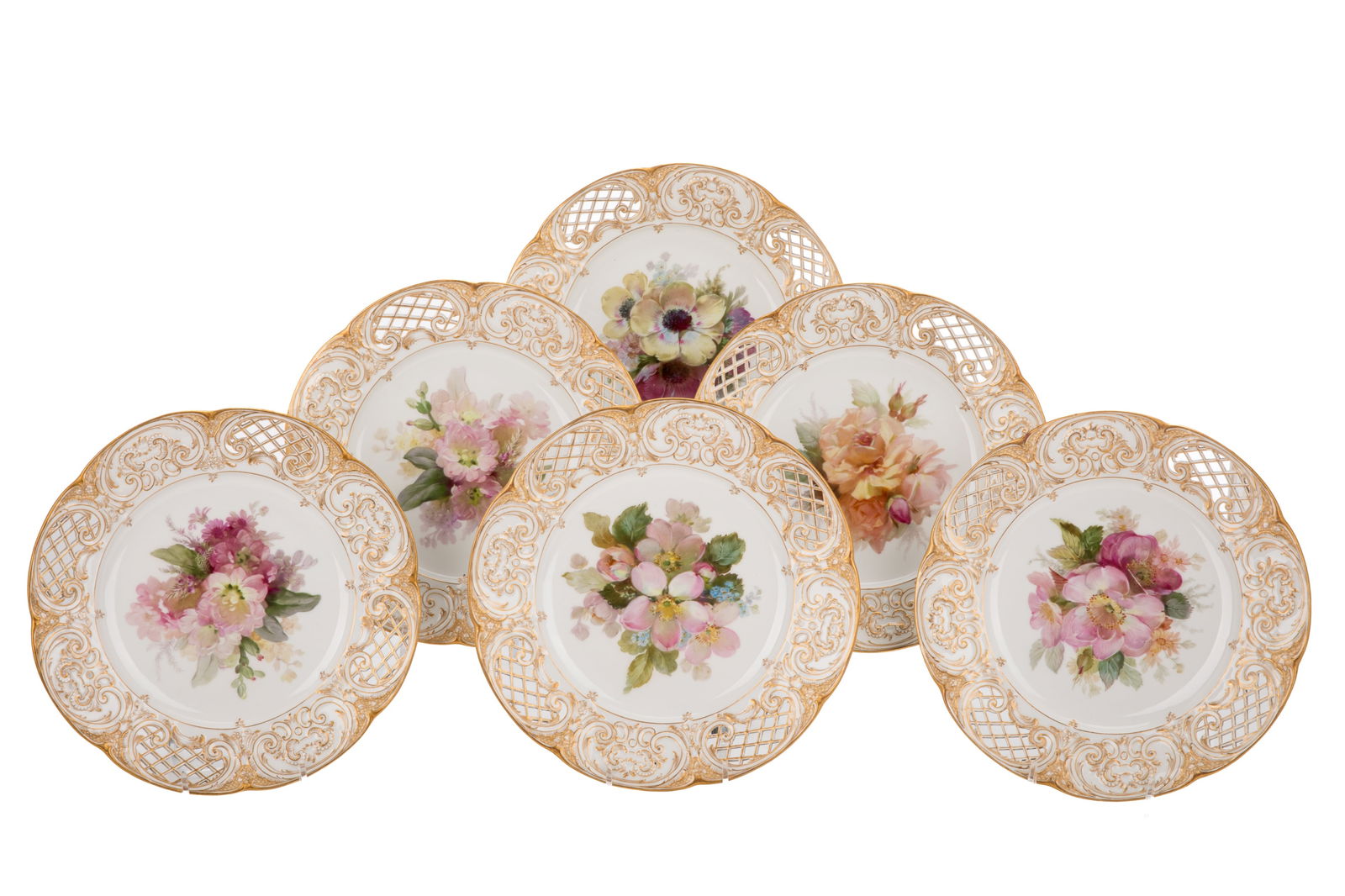 SIX HAND-PAINTED KPM OPEN WORK FLOWER PLATES (1 of 2)