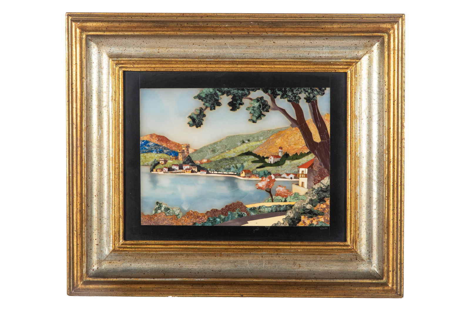 PASTORAL PIETRA DURA GARDA LAKE SCENE: Framed pietra dura mosaic depicting a scene on Lake Garda in Northern Italy. Signed 'Velga' to the bottom right hand corner. Italian, 20th C. Overall including frame: 17" x 14"