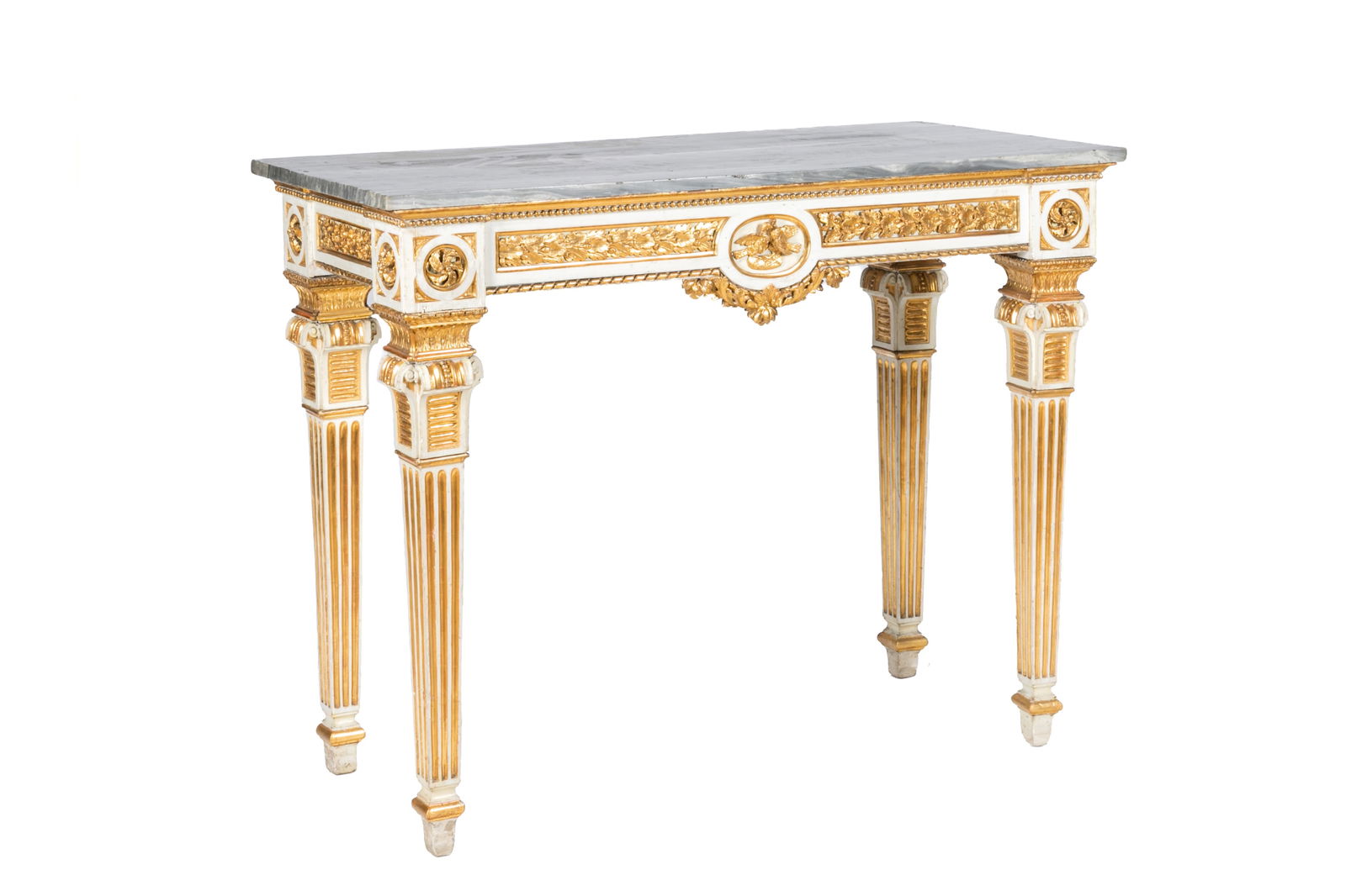 ANTIQUE ITALIAN GILT WHITE CONSOLE TABLE: White Italian console table with gilt Neoclassical motifs and a grey marble top. Italian, 18th C. H.: 37 3/4" W.: 48 3/4" D.: 23 1/4"