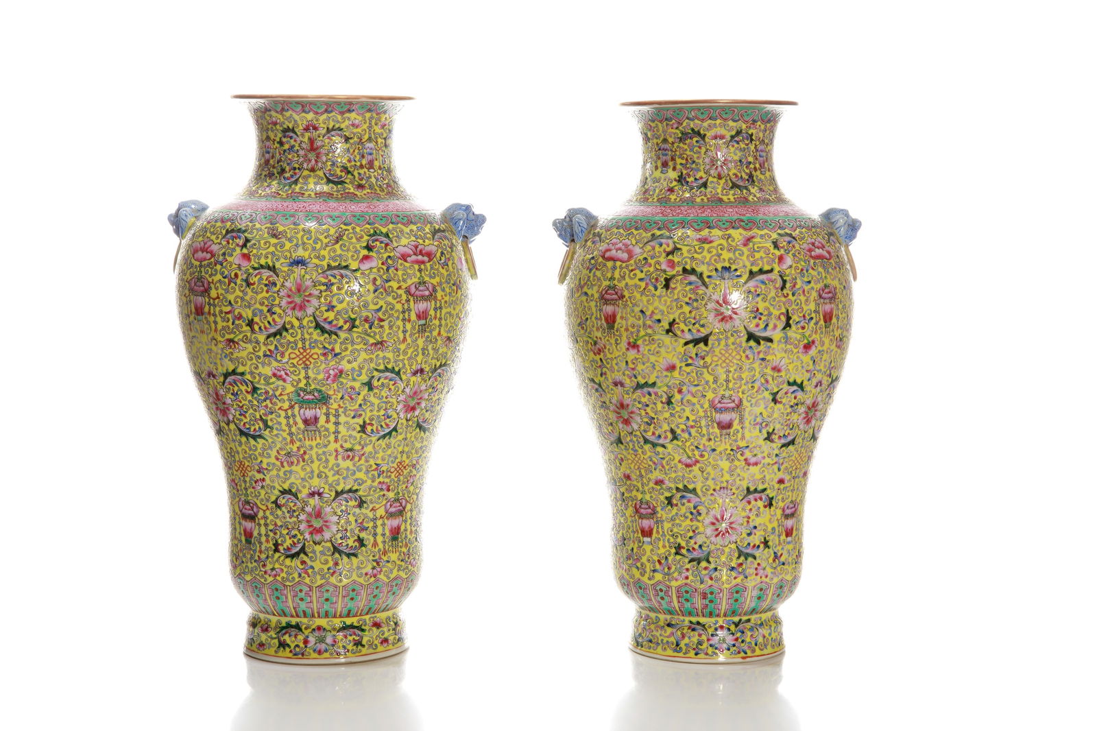 PAIR OF MILLEFLEUR FAMILLE ROSE HANDLED VASES (1 of 6)
