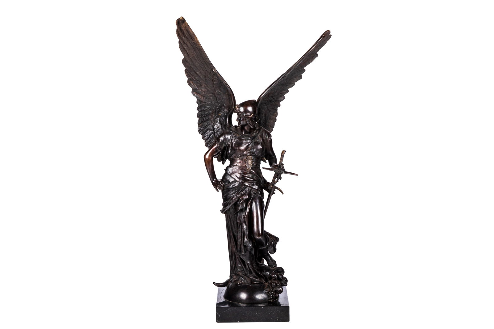 AFTER JULES-FELIX COUTAN (French, 1838-1939): Patinated bronze casting of 'La Paix Armée' by Jules-Felix Coutan. Depicts a winged allegory of 'Peace' armed with sword and helmet and stood atop an overflowing cornucopia. The original bronzesits a