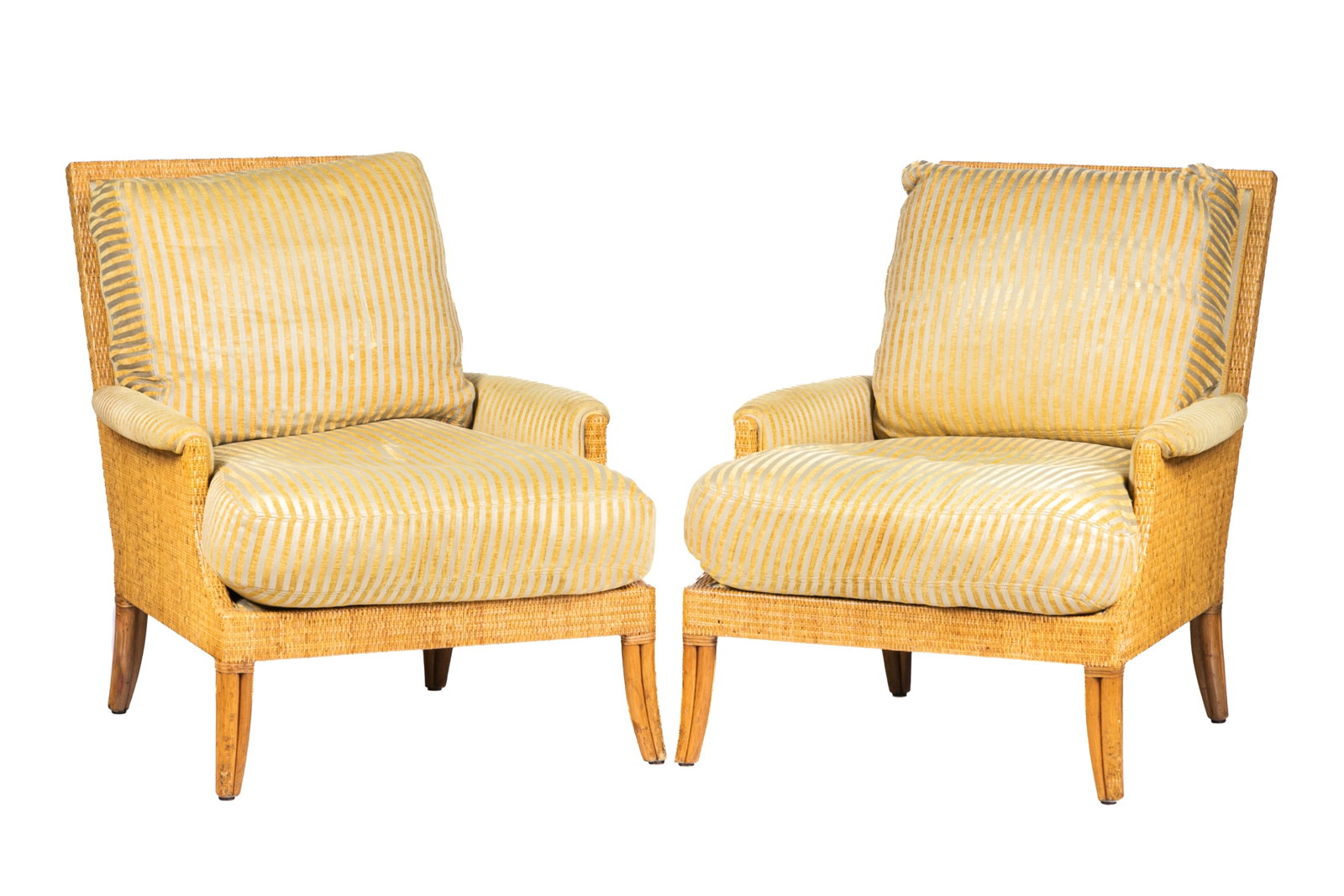 PAIR OF RATTAN UPHOLSTERED LOUNGE CHAIRS: H.: 38" W.: 32 D.: 39"