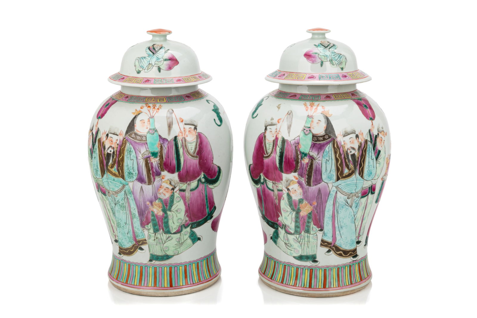 PAIR OF FAMILLE ROSE FIGURAL BALUSTER VASES (1 of 4)