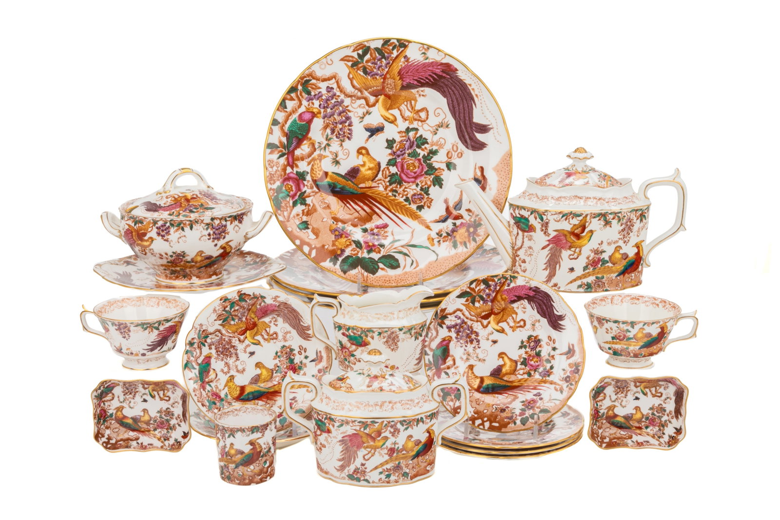 GROUP OF ROYAL CROWN DERBY 'OLDE AVESBURY' PIECES: Group of Royal Crown Derby porcelain pieces in the 'Olde Avesbury' pattern. Including one teapot, one small tureen with saucer, one covered sugar bowl, one cream jug, two footed teacups withmatching s