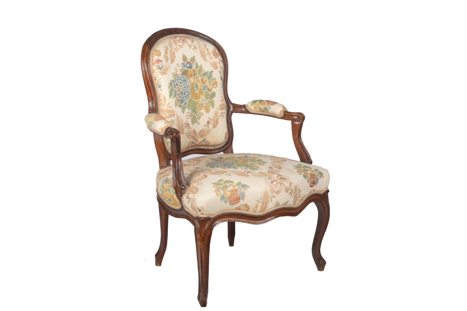 ANTIQUE FRENCH ARMCHAIR: Period carved walnut frame with modern floral upholstery, 18th C. H.: 35 1/4" W.: 24 1/4" D.: 22 1/2"