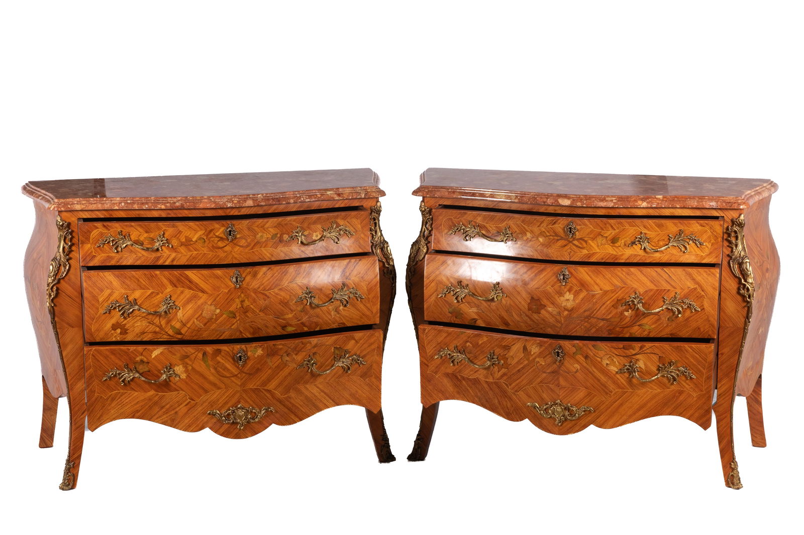PAIR OF FRENCH MIXED PARQUETRY COMMODES: Pair of mixed parquetry commodes with pink marble tops. 20th C. H: 34" W: 46 1/2" D: 21"