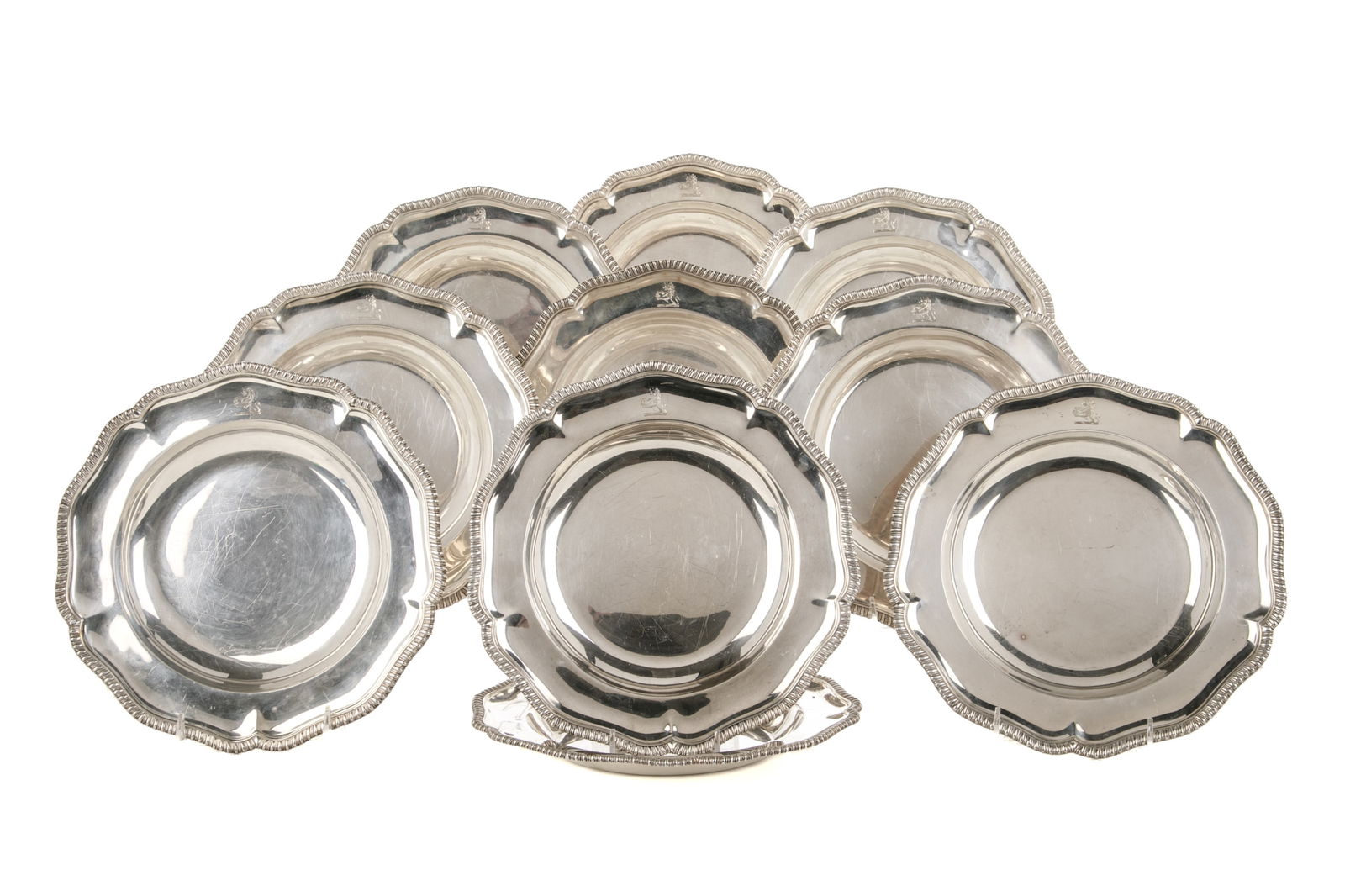 SET OF TEN ENGLISH SILVER SOUP PLATES, 6278g (1 of 3)