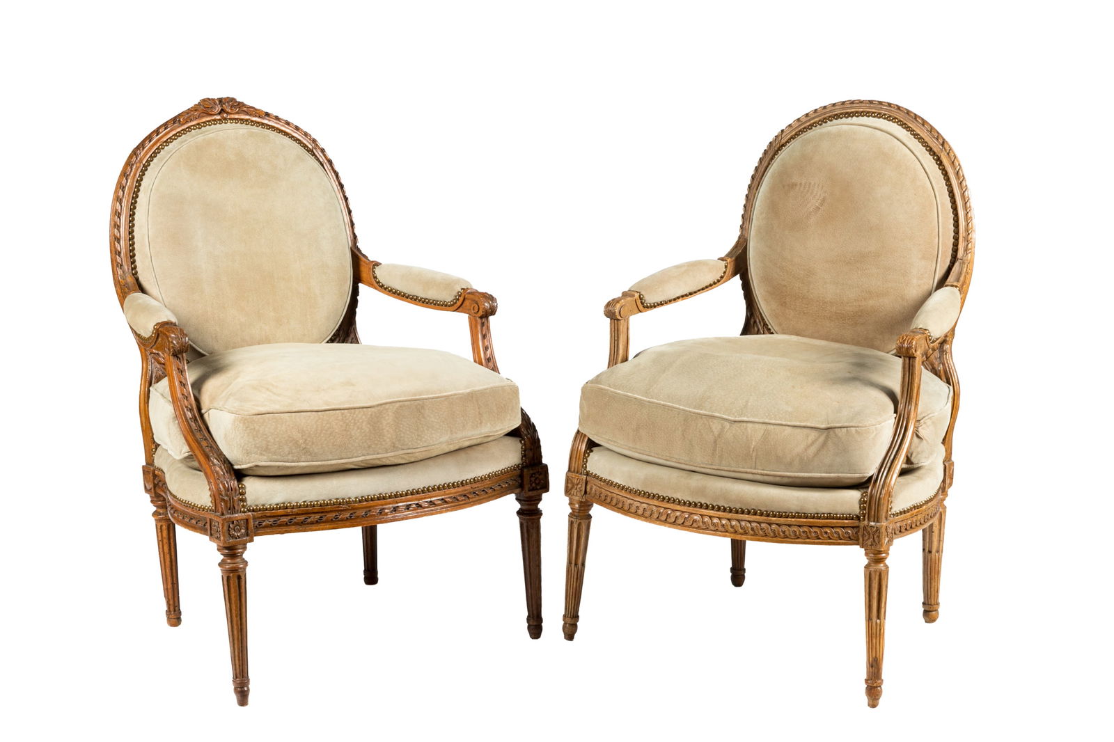 NEAR PAIR 18th C LOUIS XVI UPHOLSTERED BERGERES: Slightly differed carved frames with matching modern suede upholstery. French, 18th C. H.: 37 1/2" W.: 25 1/2" D.: 23"