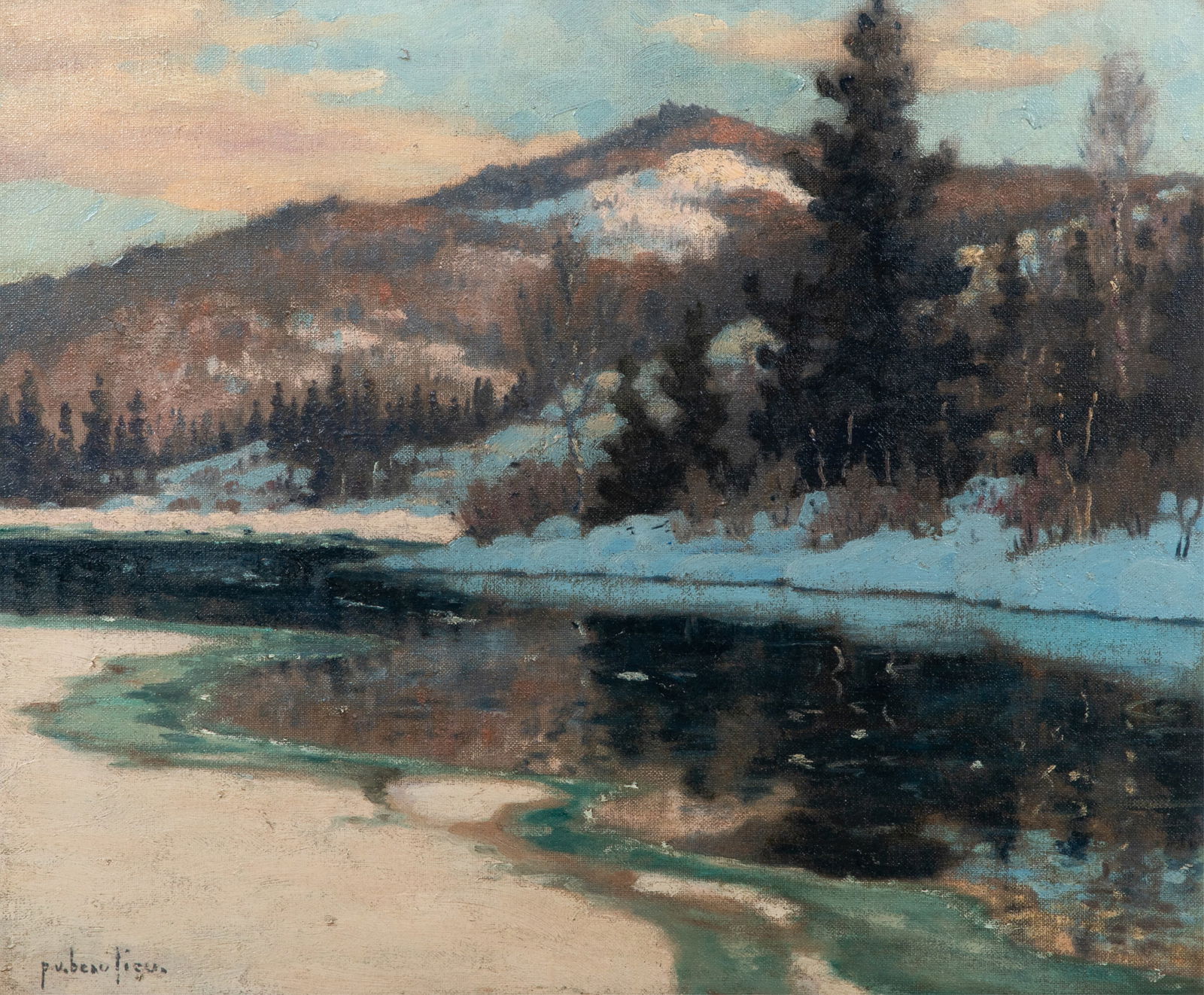 PAUL VANIER BEAULIEU (Canadian, 1910-1996): Winter Laurentians (with autumn landscape painted on reverse) Oil on Canvas Signed lower left corner H. 20" W. 24" Provenance: Kaspar Gallery (Toronto) Exhibition: "Canadian Landscapes from the Hallma