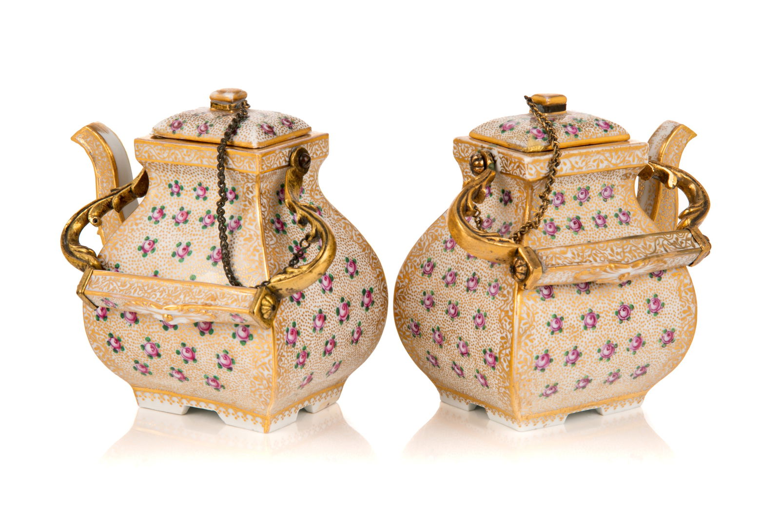 PAIR OF MEISSEN PORCELAIN BRONZE MOUNTED TEAPOTS (1 of 3)