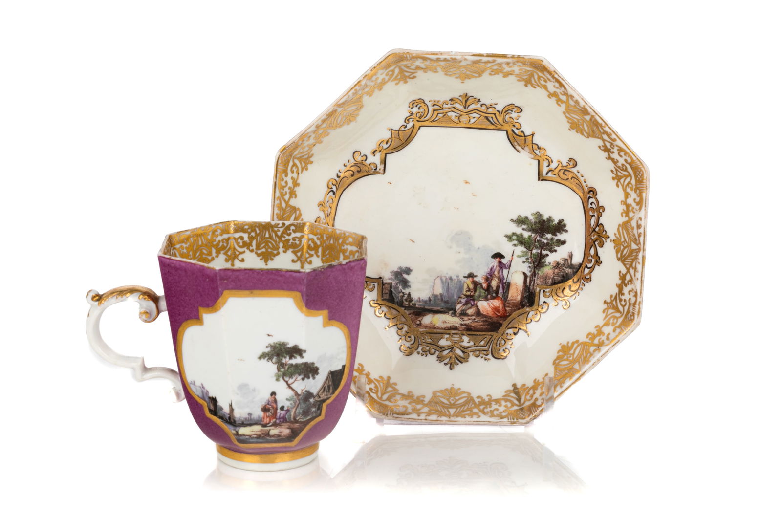 18th C OCTAGONAL MEISSEN PORCELAIN CUP & SAUCER (1 of 5)