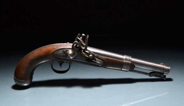 US R JOHNSON MODEL 1836 FLINTLOCK PISTOL: - .54 caliber, 8 1/2 inch barrel, swivel ramrod, walnut stock. Manufactured from 1836-44 by Robert Johnson of Middletown, Connecticut. Marked on the lock in four lines forward of the hammer U.S. / R.