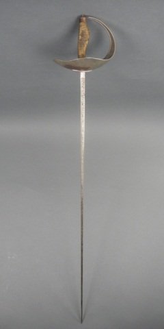 MID 19TH CENTURY FENCING FOIL: - with full padded hand guard and etched Solingen blade marked Friedrich Hörster, circa 1830 -70. L of blade: 80 cm. (31 1/2 in.)