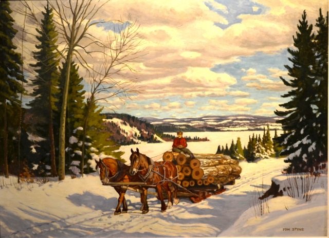 THOMAS ALBERT STONE (Canadian 1894-1978): Logging Team Near Algonquin Park Oil, signed lower right 21.5 x 29.5 in (54.6 x 74.9 cm)