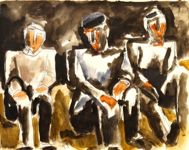 JOSEF HERMAN (British 1911-2000): UNTITLED: Three Coal Miners Watercolour, signed lower left, dated 28.4.76 8 x 10 in (20.3 x 25.5 cm)