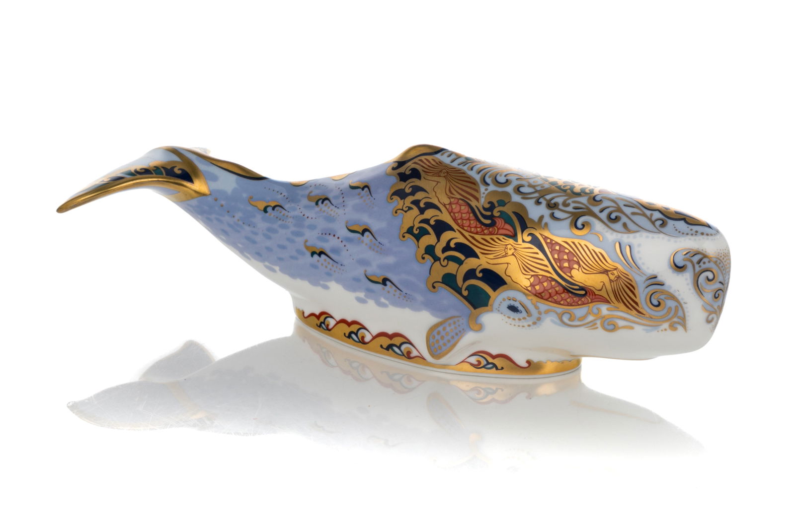 ROYAL CROWN DERBY WHALE PAPERWEIGHT: Royal Crown Derby 'Oceanic Whale' paperweight, an exclusive for the Royal Crown Derby Collectors Guild. Marks for Royal Crown Derby in red to the underside and with gold stopper. English, 21st C. L.: