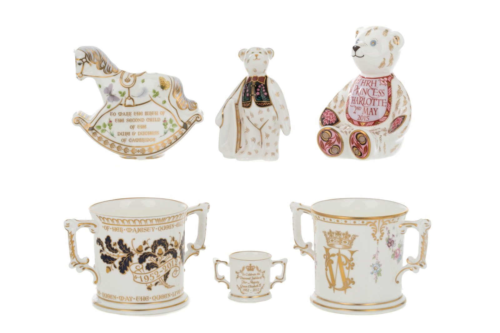 GROUP OF ROYAL CROWN DERBY COMMEMORATIVE ITEMS: Group of six Royal Crown Derby royal commemorative items. Including one two-handled mug to mark the Diamond Jubilee of H.M. Queen Elizabeth II, number 1443 of 1500; one miniature two-handled mug to ma