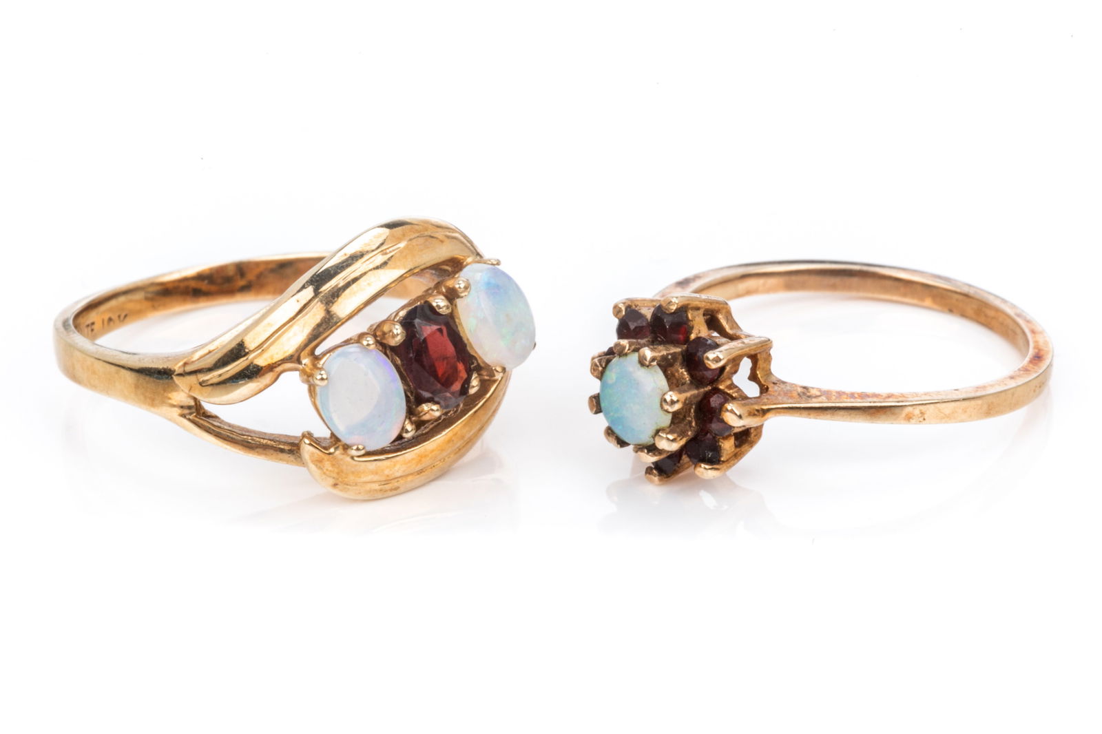 TWO 10K GOLD, OPAL AND RED GEM-SET RINGS, 5.7g (1 of 1)