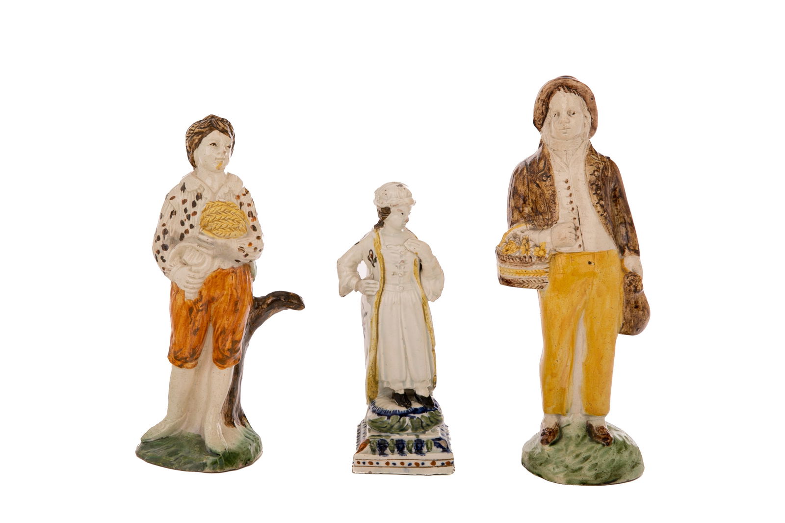 THREE STAFFORDSHIRE POTTERY PRATTWARE FIGURES (1 of 4)