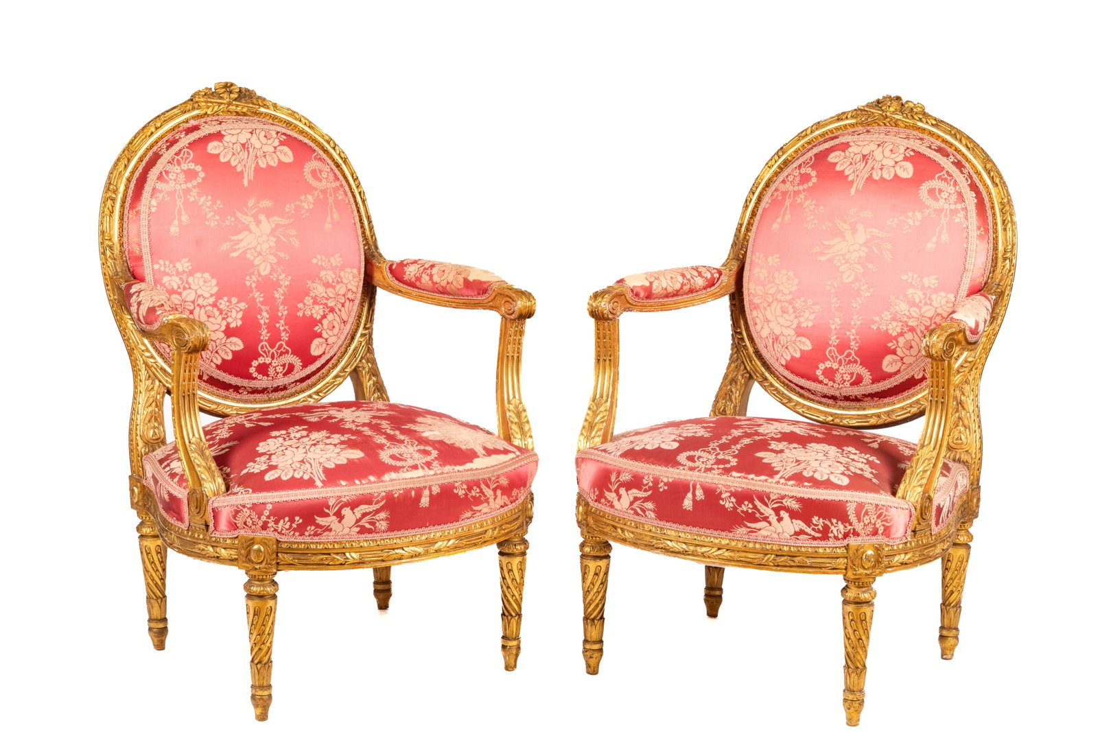 ANTIQUE FRENCH UPHOLSTERED BREGER CHAIRS: Pair of French round-back chairs with gilt wood bodies and pink silk brocade upholstered seats. French, 19th C. Some wear to upholstery.H.: 41" W.: 27 3/4" D.: 28"