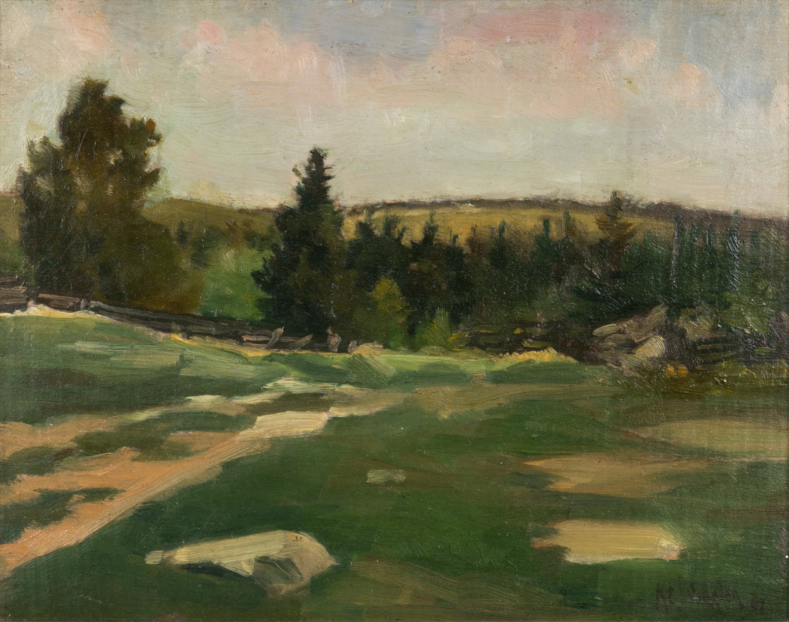 ROBERT EDWIN JOHNSTON (Canadian, 1885-1933): Landscape Oil on panel Signed bottom rightH. 8" W. 10"