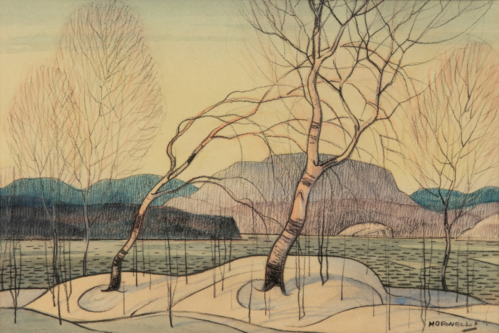 GRAHAM NOBLE NORWELL (Canadian, 1901-1967): Winter Landscape with Birch Watercolour Signed bottom rightH.: 7" W.: 10 1/2"