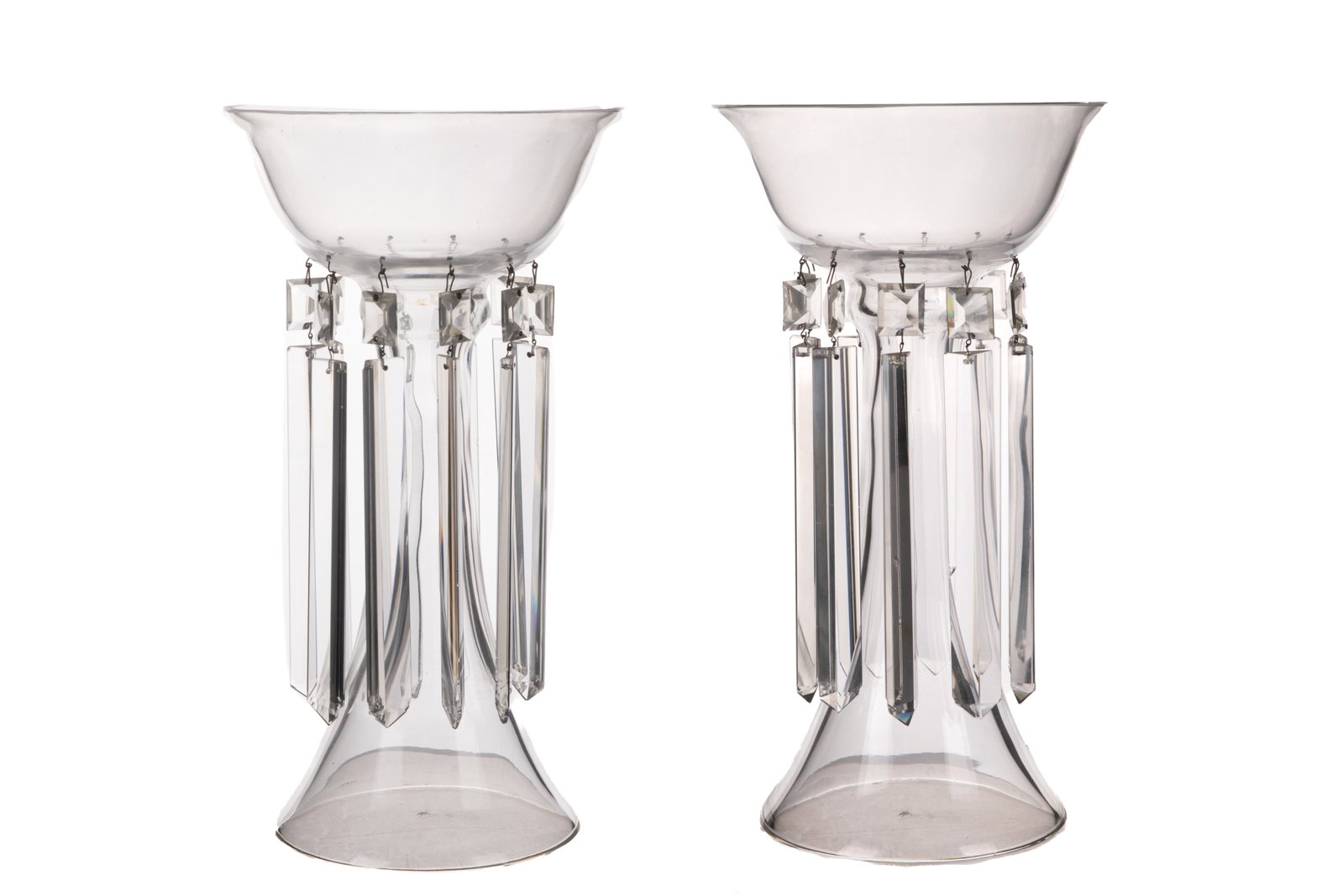 PAIR OF VENETIAN GLASS LUSTRES: Pair of clear Venetian glass lustres, each with ten dangling pendants along the central bowl. Italian, late 19th or 20th C. H.: 39 cm (15 1/3 in.) Dia.: 21 cm (8 1/4 in.)
