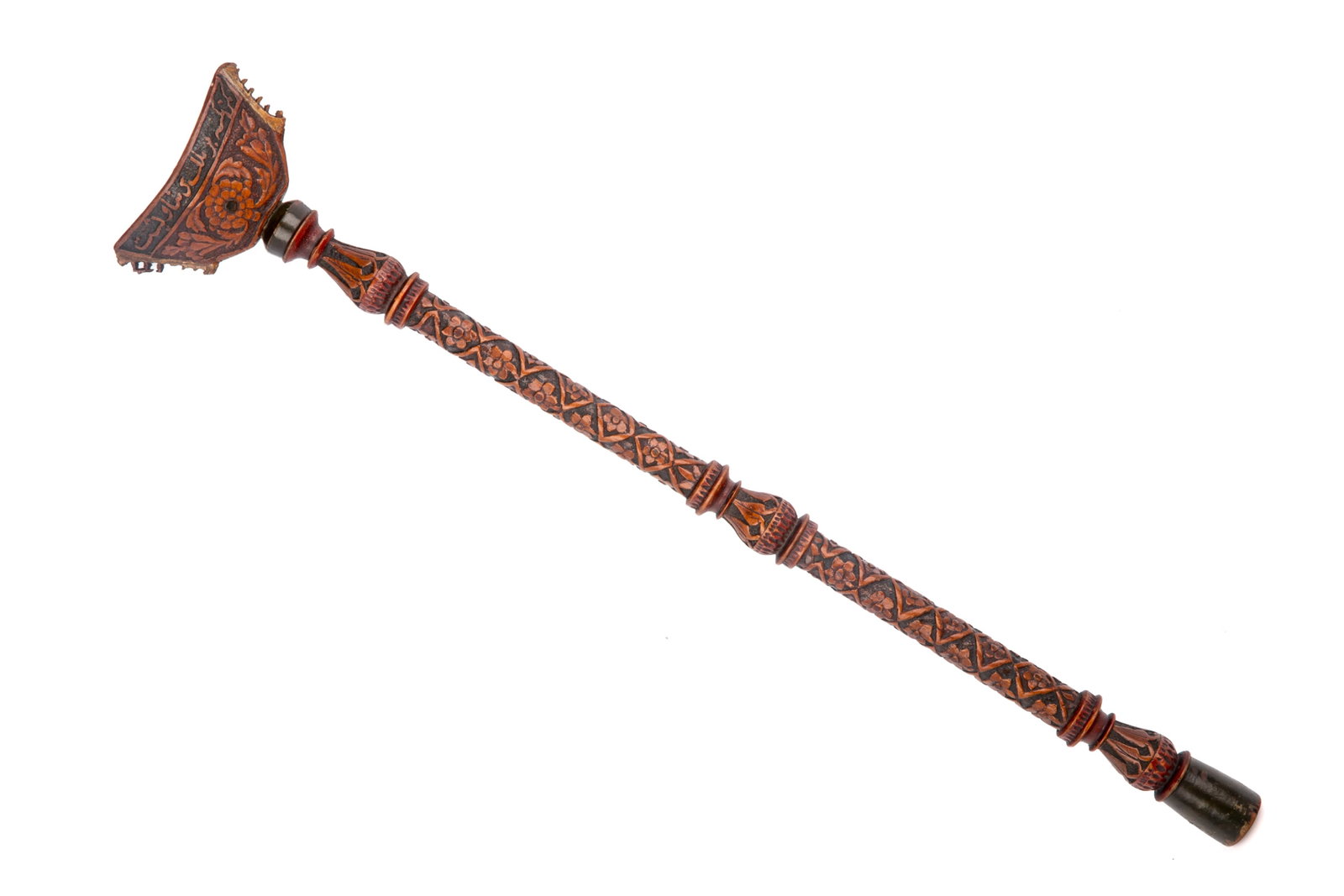 ISLAMIC CARVED WOOD SCEPTER: The handle carved and stained with a geometric and open flower pattern, the cup-type top also carved with repeating design and Persian text, dated 1272, or 1894 in lunar years. L 53.5cm (21in)