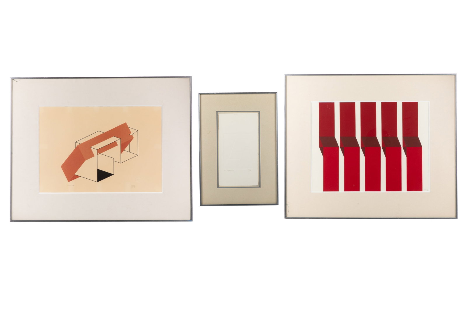 ARGUSTO ARDILA (Colombian, b. 1938): Group of three serigraphs by Argusto Ardila. Smallest of the group measures 18 1/4" x 12 3/4" overall. It is titled "Inter-espacio A", and it is an artist proof. It is signed and dated 1981 inthe bott