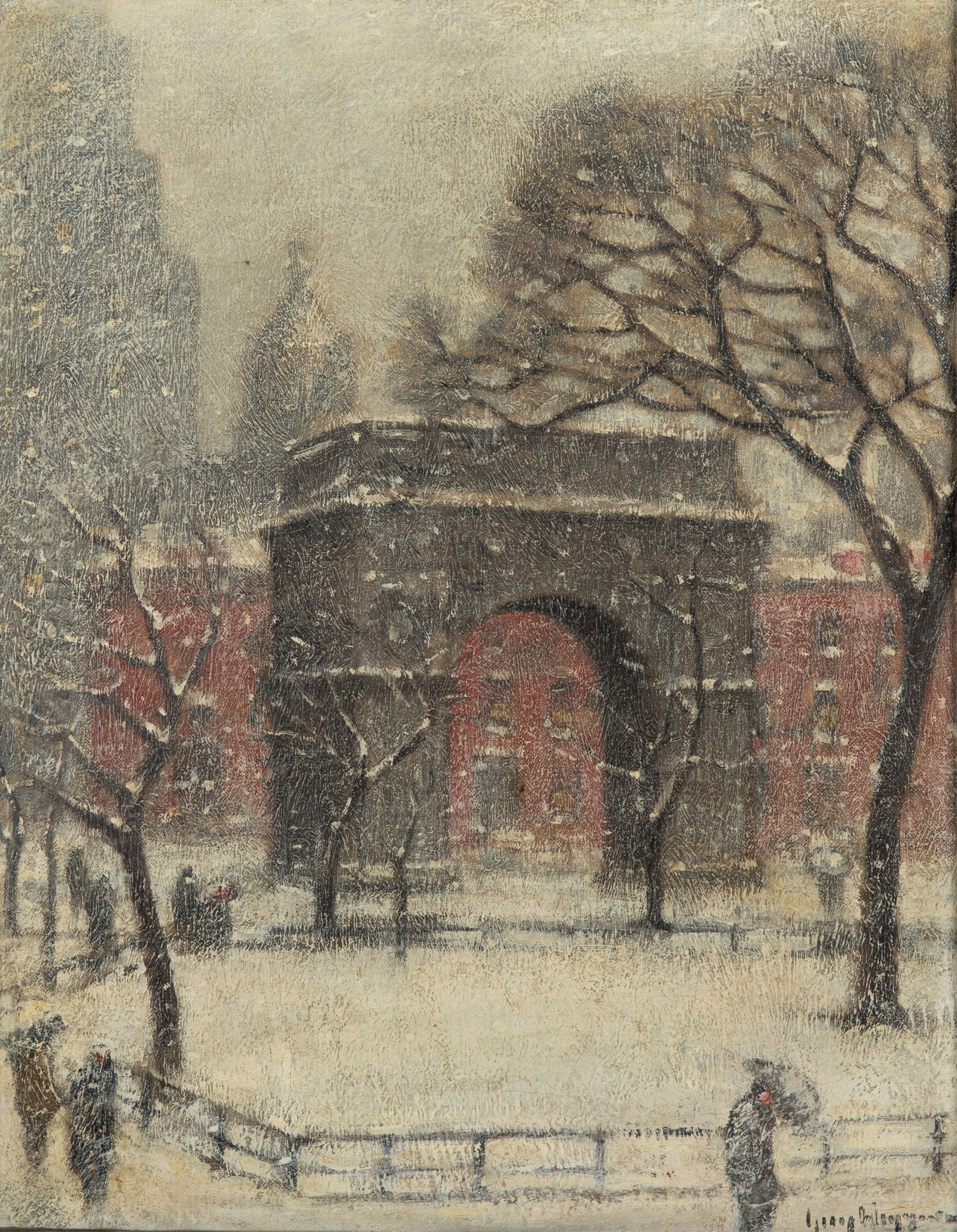 GUY CARLETON WIGGINS (American, 1883-1962): The Washington Arch, Winter (1934) Oil on canvas Signed bottom right H. 20" x W. 16" Provenance: Lyme Art Association (Connecticut) With original paper label with title and artist signature.