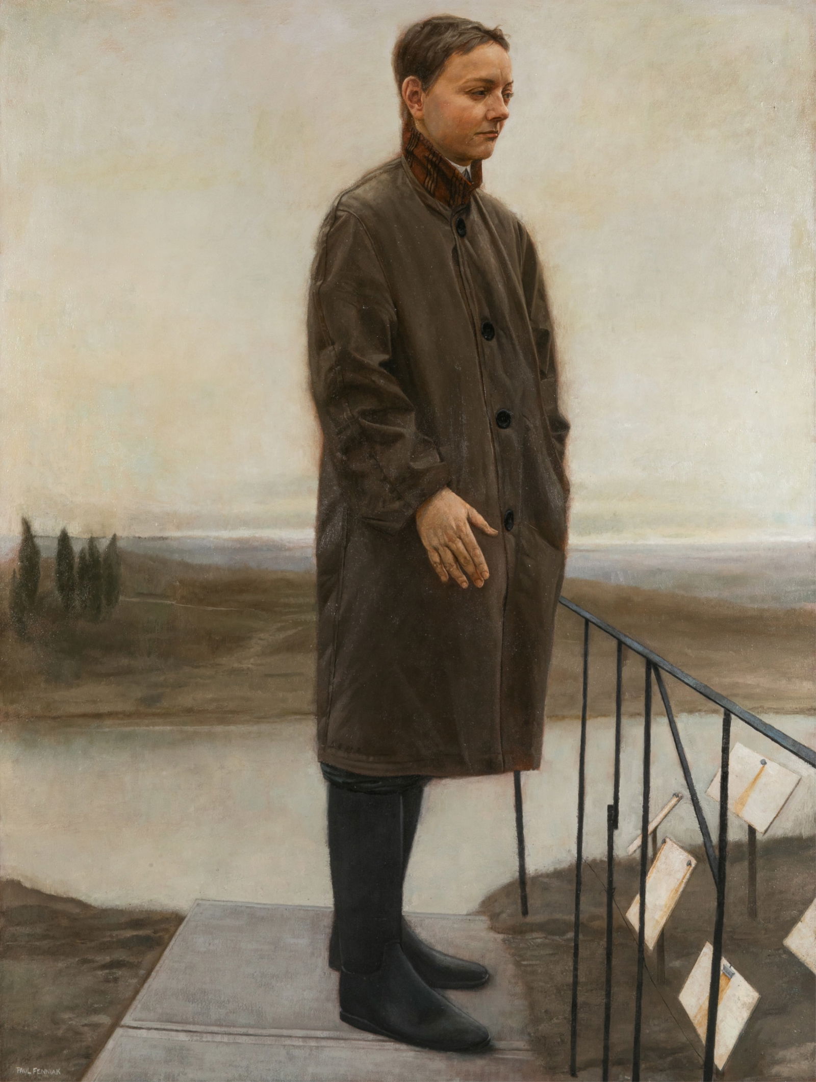 PAUL FENNIAK (Canadian, b. 1965): Standing by a Fence (1994) Oil on canvas Signed bottom left H. 48" x W. 36" Provenance: Private Montreal Collection; Galerie de Bellefeuille (Montreal)
