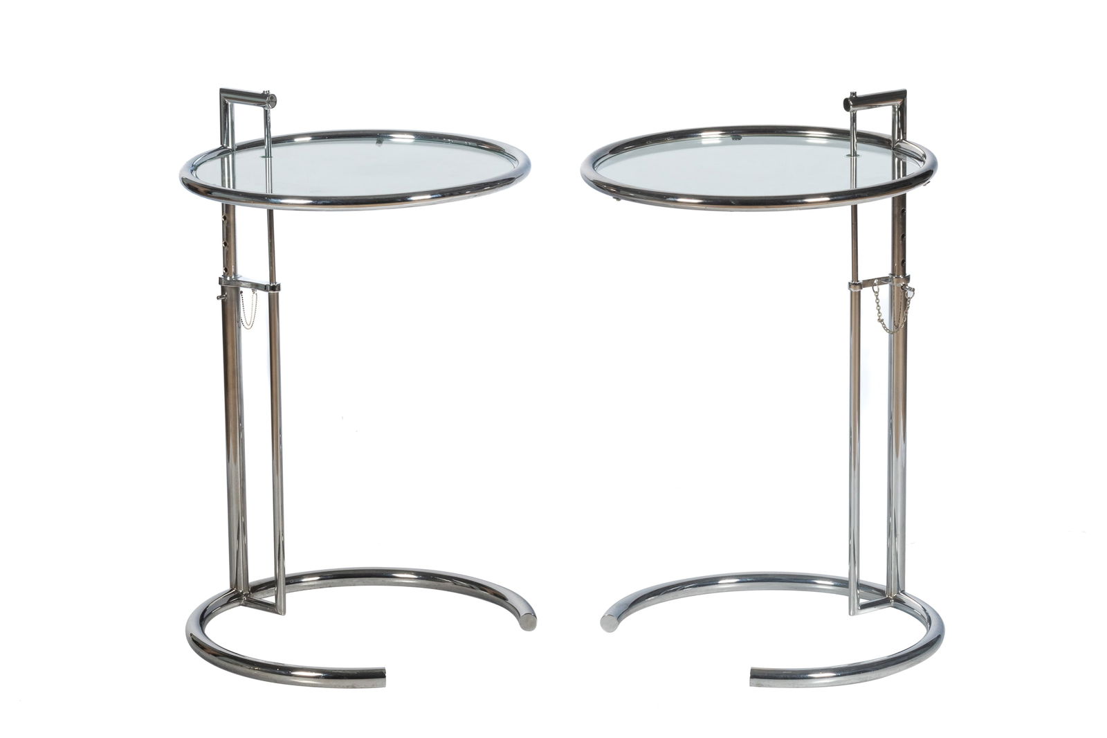 TWO EILEEN GRAY STYLE SIDE TABLES: H. 25 1/2 - 36" (adjustable) x W. 20 1/2" x D. 20 1/2"