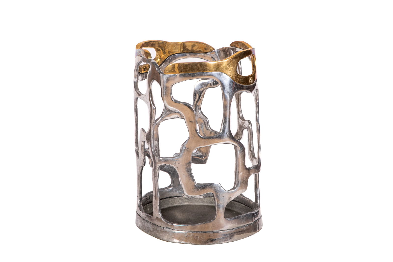 DAVID MARSHALL MIXED METAL UMBRELLA STAND: Mid-Century Modern mixed metal umbrella stand by David Marshall. Stamped with monogram along the rim and a production mark to the underside. Spanish, circa 1970s. H.: 43 cm (17")