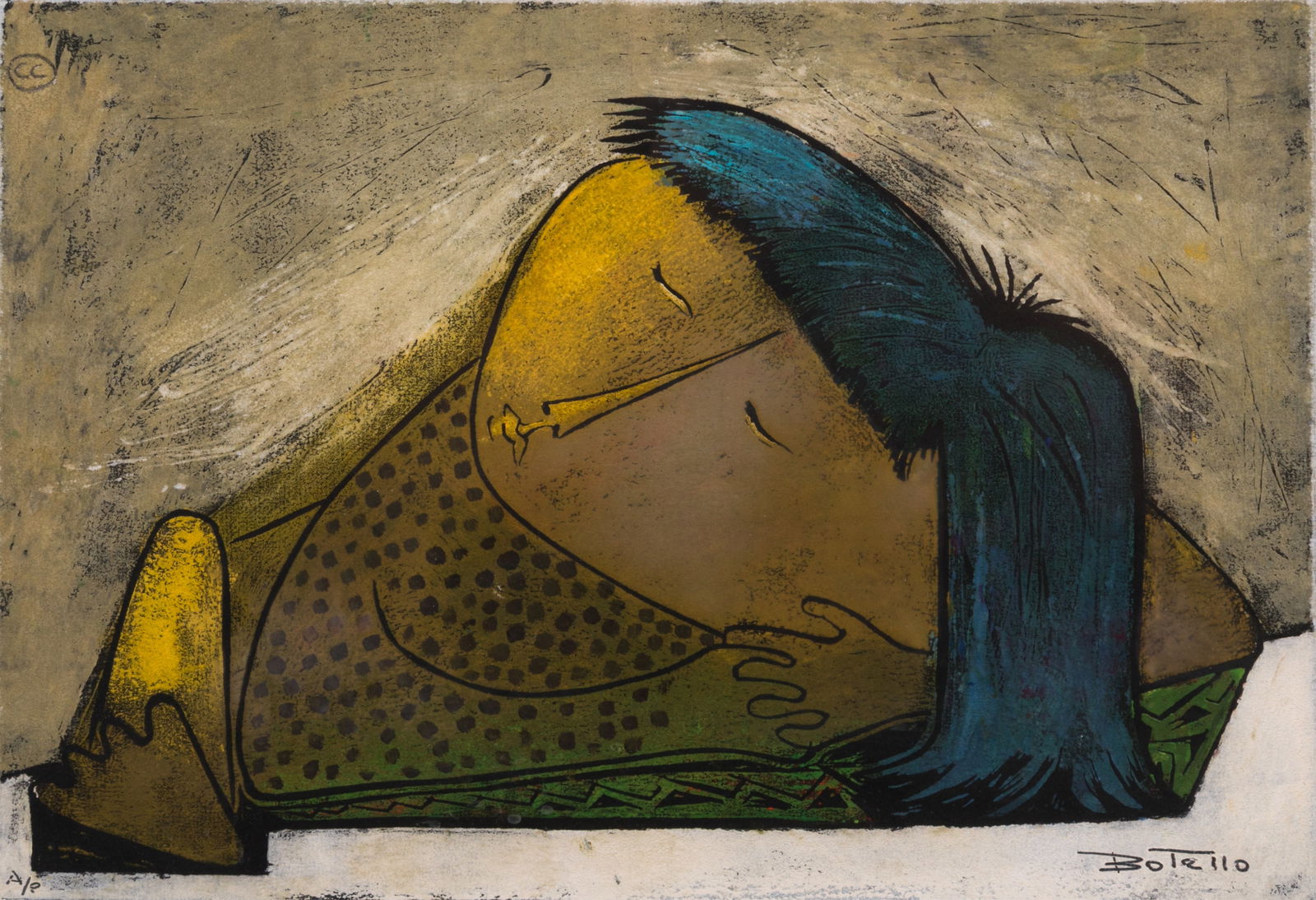 ANGEL BOTELLO (Spanish, 1913-1986): Young girl Linocut in colors Artist print Signed lower right Measurements (sight): H. 11 3/4" x W. 17"