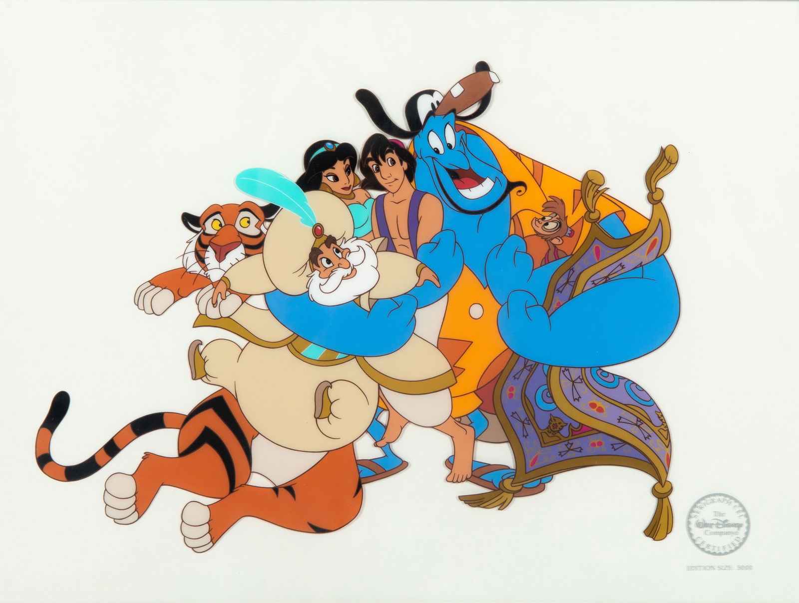 DISNEY'S ALADDIN (1992) ANIMATION CEL: Depiction of Rajah the tiger, the Sultan, Princess Jasmine, Aladdin, the Genie, Abu, and the magic carpet joining in for a group hug to celebrate Princess Jasmine's announcement that she haschosen Ala