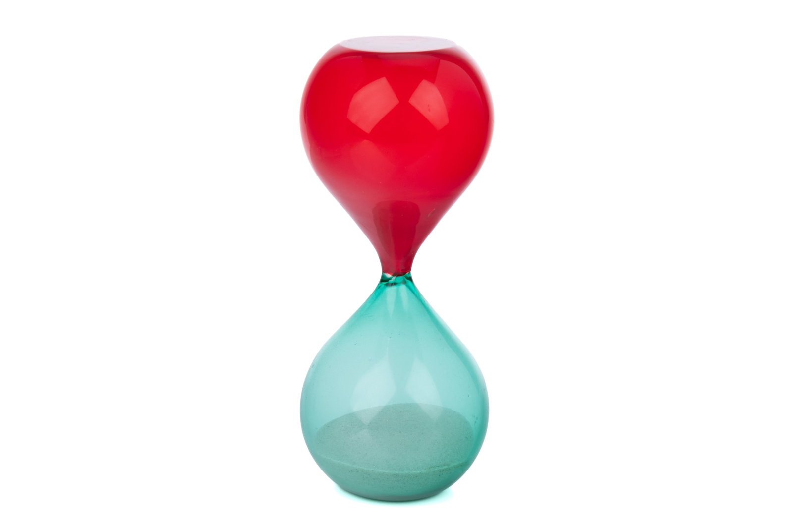 VENINI MURANO HOURGLASS: Transparent Murano incalmo hourglass modeled after Paolo Venini's 'Clessidre' hourglass. Two-toned red and watery blue glass bulbs filled with white sand. Italian, mid-to-late 20th C. H. 19 cm (7 1/2"