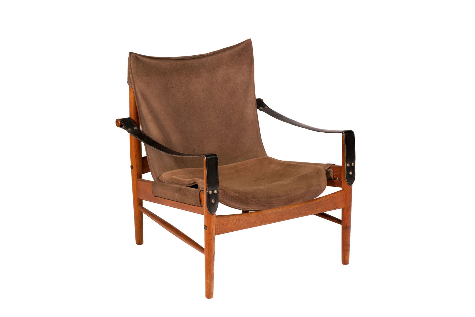 HANS OLSEN ANTELOPE SAFARI CHAIR: Teak wood with leather straps and period upholstered seat. H: 30" x W. 24" x D. 25"