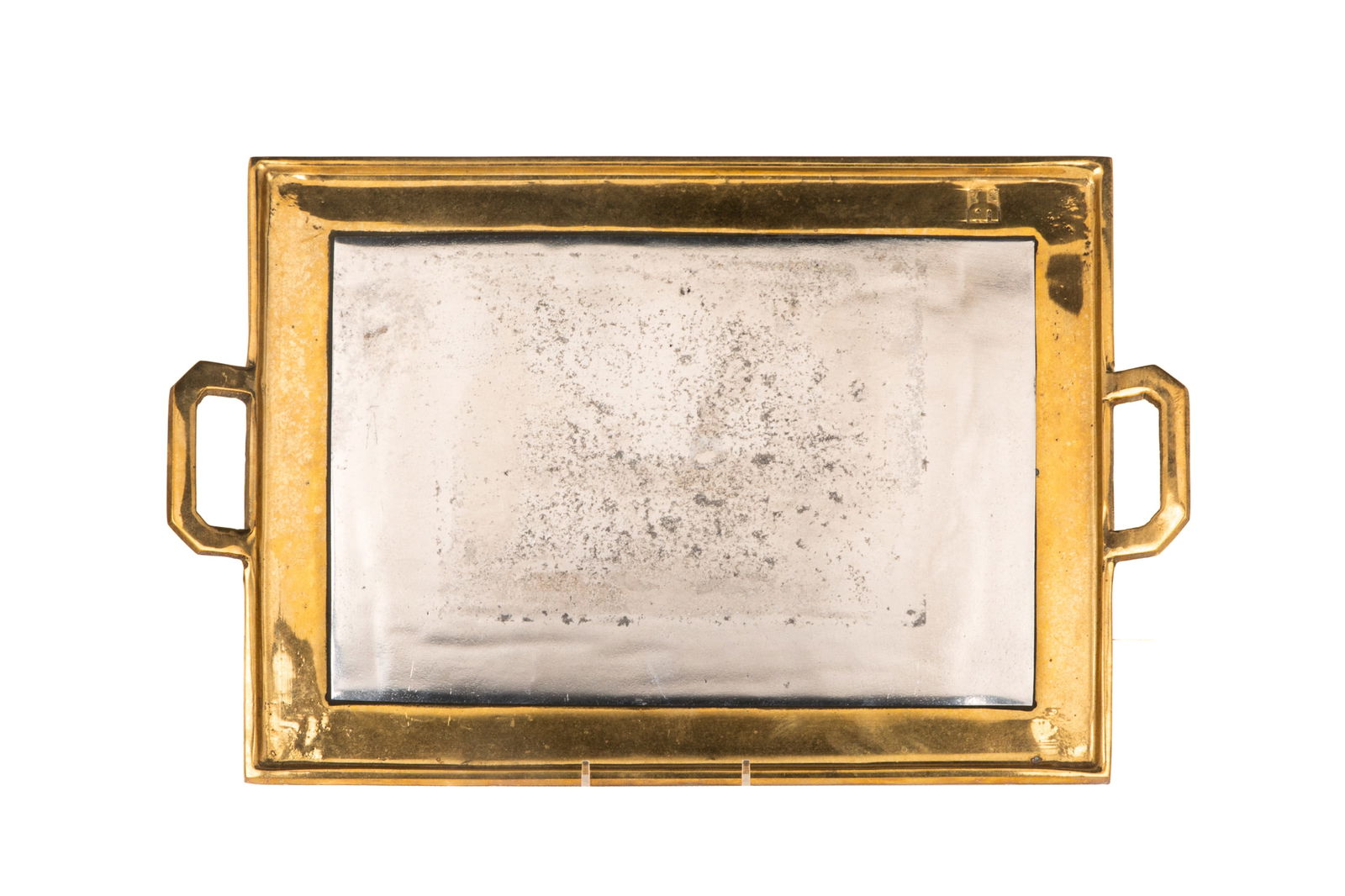 DAVID MARSHALL MIXED METAL DRINKS TRAY: Mid-Century Modern mixed metal drinks tray by David Marshall. Stamped with monogram along the rim and a production mark to the underside. Spanish, circa 1970s. L.: 42 cm (16 1/2 in.)