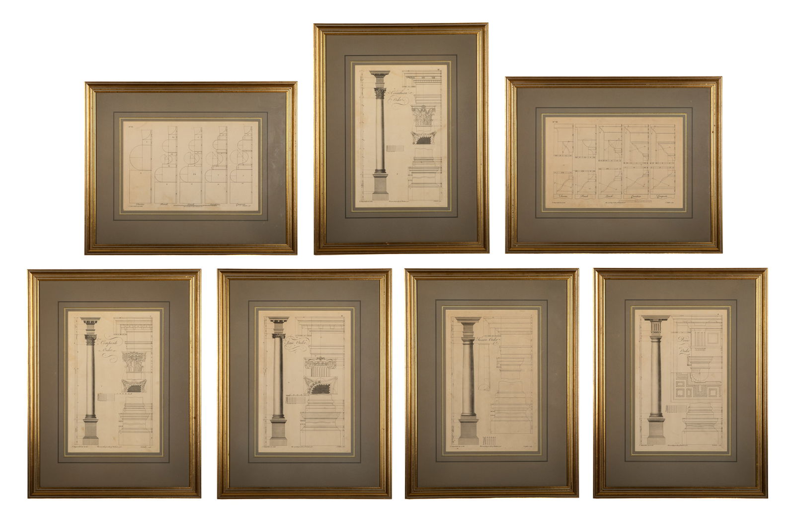 AFTER THOMAS CHIPPENDALE (British, 1718-1779): Set of five architectural engravings created by Thomas Chippendale (British, 1718-1779) and T. Muller depicting The Five Noble Orders of Architecture: Doric Order, Composite Order,Corinthian Order, Io