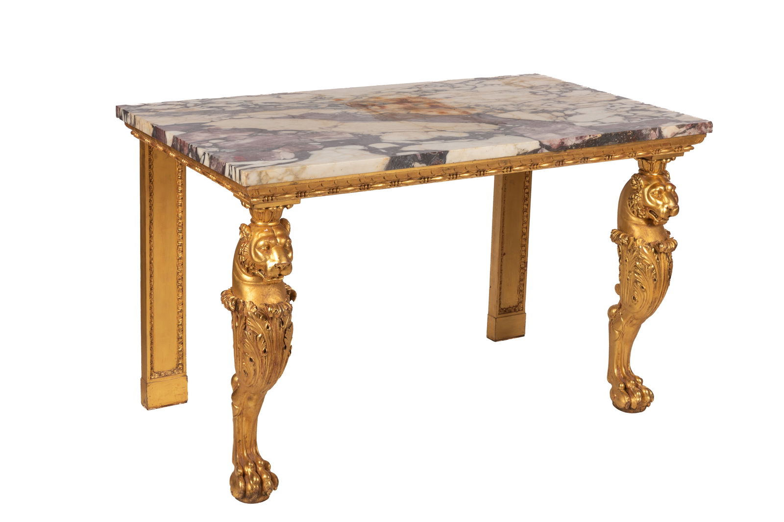 PAIR OF ANTIQUE MARBLE TOP CONSOLE TABLES: Giltwood table, the front legs heavily carved with lion heads, acanthus body and claw feet, period marble tops.H.: 33" x W.: 54" x D.: 30"