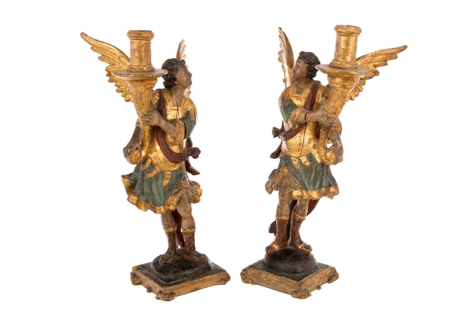 PAIR OF POLYCHROME WOOD CANDLESTICKS (1 of 4)
