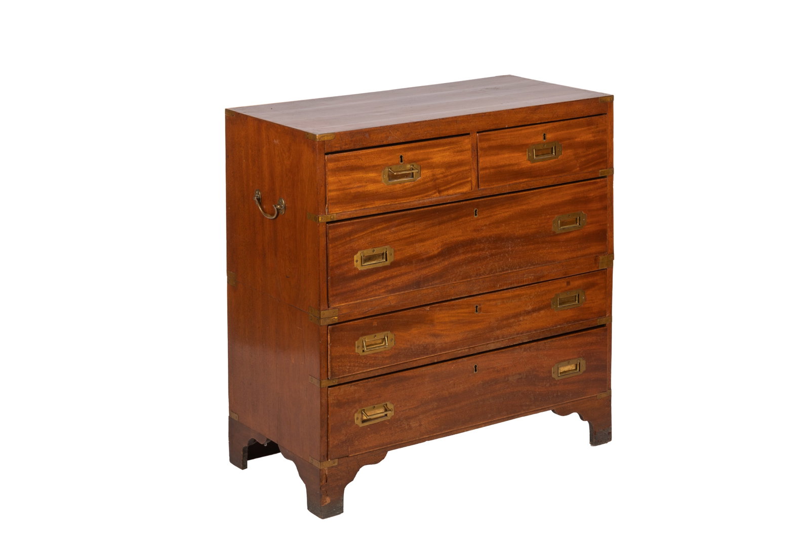 19th C ENGLISH MAHOGANY CAMPAIGN CHEST: Two part mahogany chest with inset brass hardware, handles and bracket feet. English, 19th C. H.: 37" x W.: 36 1/4" x D.: 17 3/4''