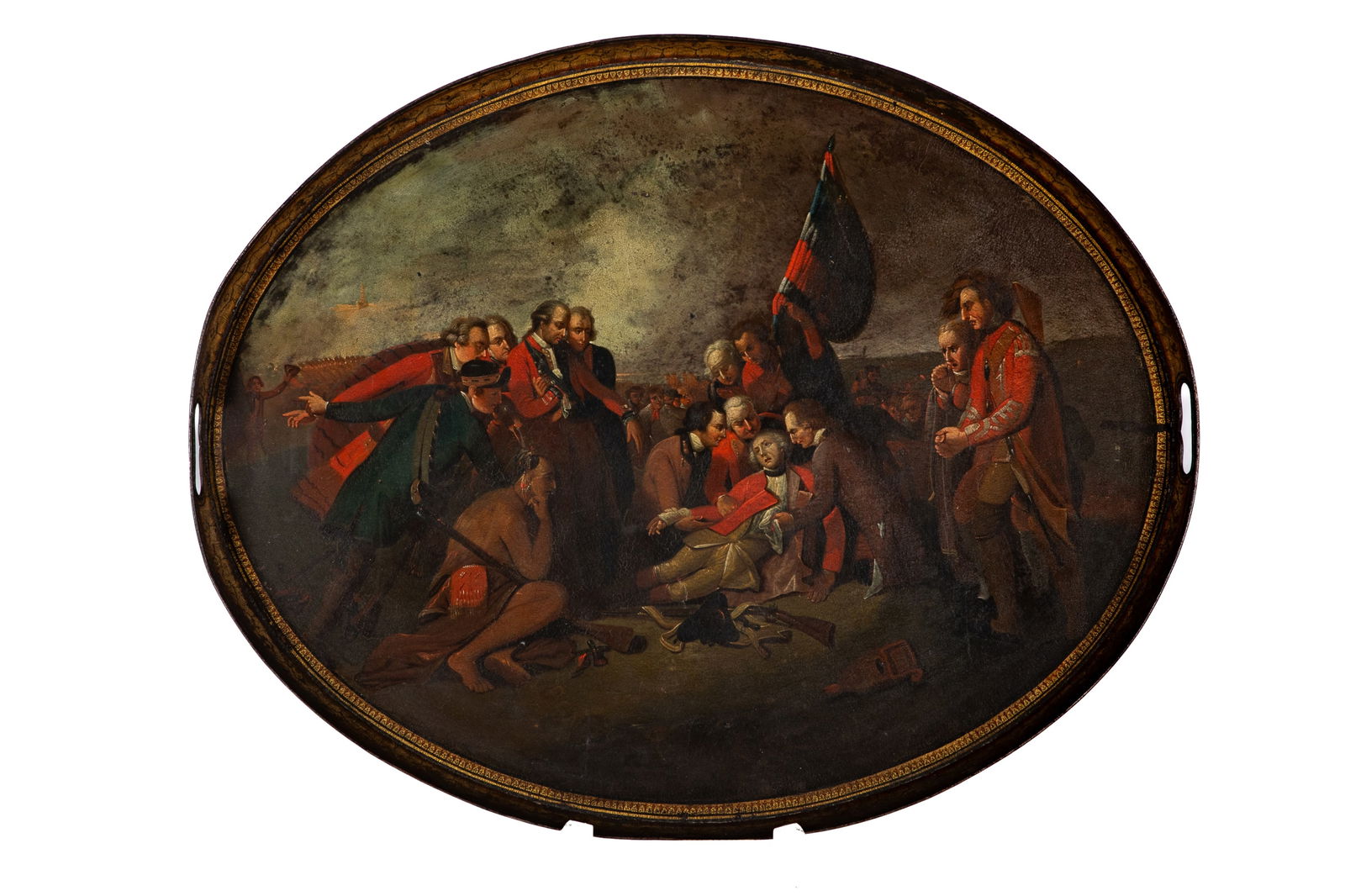 ANTIQUE TOLEWARE TRAY AFTER 'DEATH OF WOLFE': Antique toleware tray hand-painted with a scene after Benjamin West's (1738-1820) 'The Death of General Wolfe'. Border rimmed with an acanthus leaf pattern. English, 19th C. L.: 71 cm (28 in.)