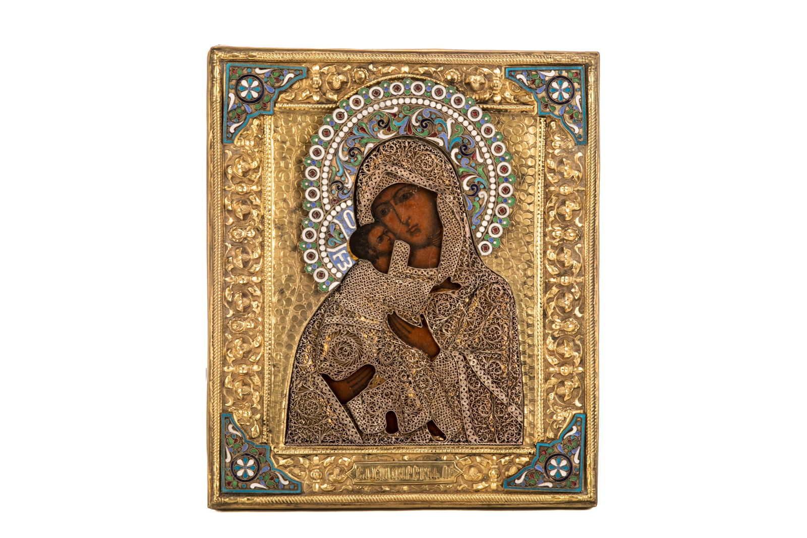 ANTIQUE SILVERED AND ENAMEL OKLAD RUSSIAN ICON (1 of 5)
