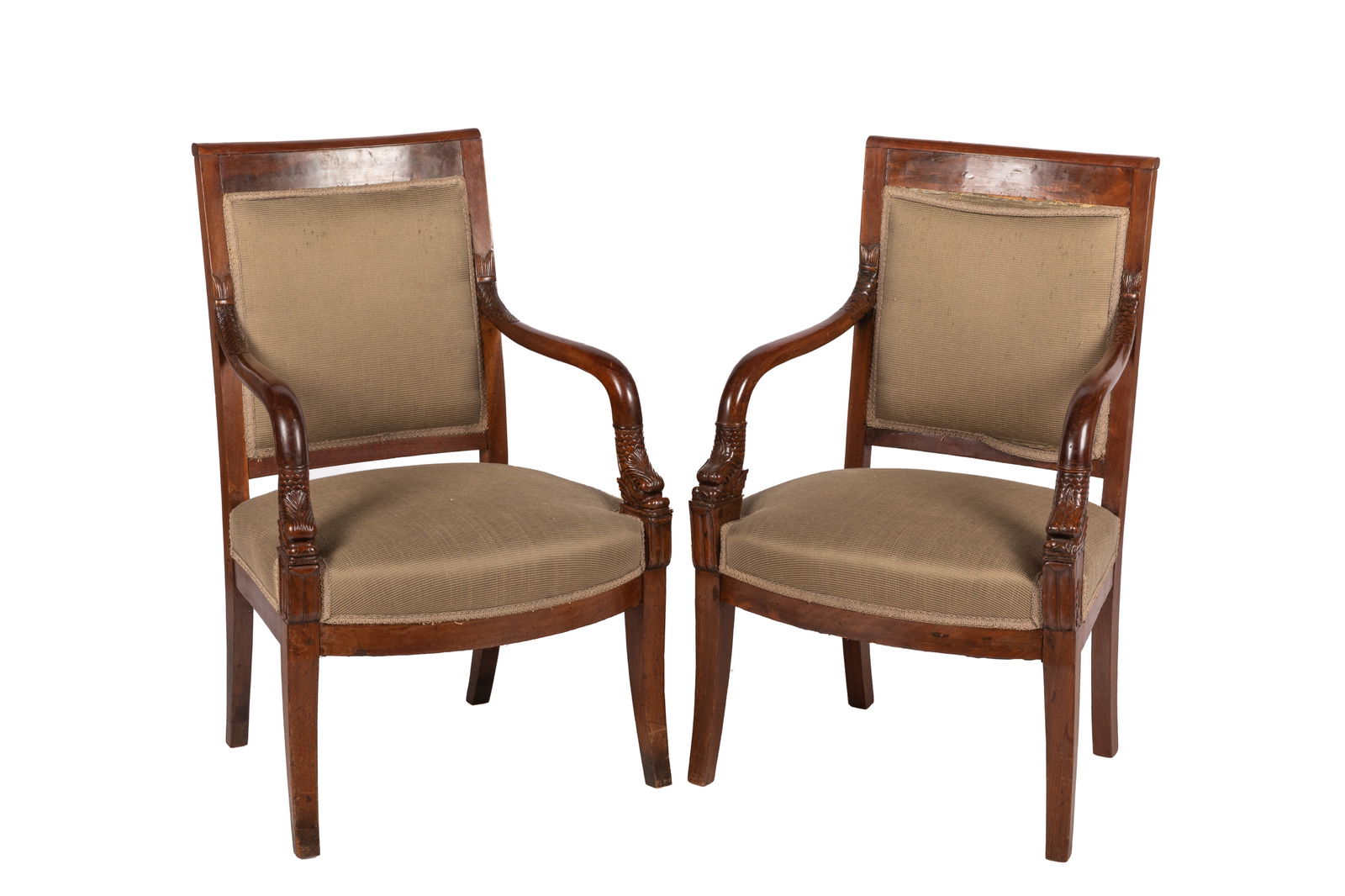 PAIR OF FRENCH EMPIRE MAHOGANY ARMCHAIRS: Straight backs with carved dolphin arms. French, 19th century. H 35 1/2" x W 21" x D 17"