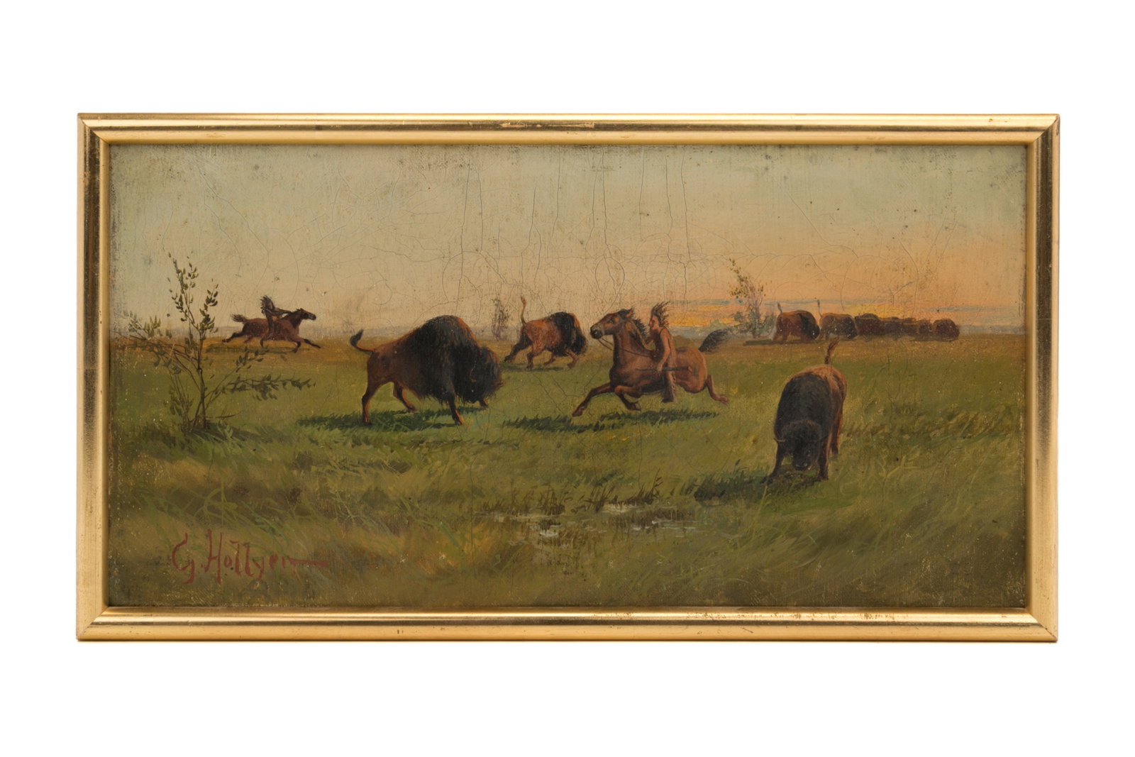 GREGORY HOLLYER (English, 1871-1965): American Hunting Scene of Buffalo Oil on canvas Signed bottom leftH. 6" x W. 11 1/2"